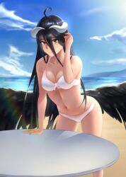  adjusting_hair ahoge albedo_(overlord) bare_arms bare_legs beach bikini black_hair black_wings blue_sky breasts cleavage cloud collarbone day feathered_wings female front-tie_bikini_top front-tie_top hair_between_eyes horns leaning_forward long_hair medium_breasts navel outdoors overlord_(maruyama) rausu_(undeadmachine) sky slit_pupils solo summer swimsuit very_long_hair white_bikini wings yellow_eyes 