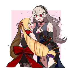  2girls alternate_hairstyle artist_name bare_shoulders black_choker black_gloves blonde_hair chocojax choker collarbone corrin_(female)_(fire_emblem) corrin_(female)_(ninja)_(fire_emblem) corrin_(fire_emblem) drill_hair earrings elbow_gloves elise_(fire_emblem) elise_(ninja)_(fire_emblem) fire_emblem fire_emblem_fates fire_emblem_heroes gloves grey_hair hair_between_eyes highres jewelry long_hair multiple_girls ninja official_alternate_costume open_mouth purple_hair red_eyes sleeveless teeth tied_hair upper_teeth_only very_long_hair 