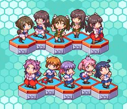  6+girls ahoge akebono_(kancolle) black_hair blue_background blue_hair brown_hair chibi chikuma_(kancolle) choukai_(kancolle) crab flower flying_sweatdrops glasses hair_bobbles hair_flower hair_ornament hair_ribbon hexagon hiyou_(kancolle) japanese_clothes jun&#039;you_(kancolle) kantai_collection long_hair lowres maya_(kancolle) multiple_girls oboro_(kancolle) oobako open_mouth orange_hair pink_hair pixel_art purple_hair rabbit ribbon sailor_collar sazanami_(kancolle) school_uniform serafuku short_hair short_twintails simple_background skirt standing tone_(kancolle) twintails ushio_(kancolle) x_hair_ornament 