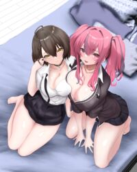  2girls :d absurdres ahoge arm_support azur_lane baltimore_(after-school_ace)_(azur_lane) baltimore_(azur_lane) barefoot black_cardigan black_choker black_necktie black_skirt blush braid breast_press breasts bremerton_(azur_lane) brown_hair cardigan choker cleavage closed_mouth collarbone collared_shirt commentary_request ear_piercing french_braid full_body grey_hair hair_between_eyes hair_intakes hand_up highres indoors jewelry kneeling large_breasts long_hair looking_at_viewer mole mole_on_breast mole_under_eye multicolored_hair multiple_girls necklace necktie noa_(skae3323) official_alternate_costume on_bed open_mouth partial_commentary partially_unbuttoned piercing pillow pink_eyes pink_hair pleated_skirt school_uniform shadow shirt short_hair short_sleeves sidelocks sitting skirt sleeves_rolled_up smile streaked_hair twintails two-tone_hair undone_necktie white_shirt wooden_floor yellow_eyes yokozuwari 