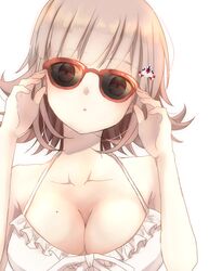  :o adjusting_eyewear bare_shoulders bikini breasts brown_eyes brown_hair cleavage collarbone commentary danganronpa_(series) danganronpa_2:_goodbye_despair female frilled_bikini frills galaga hair_ornament hairclip hands_up kuro_n314 large_breasts light_brown_hair looking_at_viewer mole mole_on_breast nanami_chiaki open_mouth red-framed_eyewear short_hair simple_background solo sunglasses swimsuit upper_body white_background white_bikini 