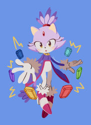  2019 amber_eyes anthro blaze_the_cat blue_background clothing domestic_cat felid feline felis female floating footwear fur gem gloves handwear hi_res mammal open_mouth purple_body purple_clothing purple_fur purple_topwear sega shoes simple_background smallpanda sol_emerald solo sonic_the_hedgehog_(series) topwear white_clothing 