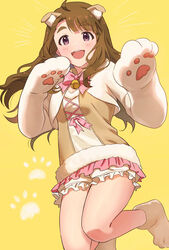  ahoge animal_ear_fluff animal_ears animal_hands bell blush brown_hair cat_ears cat_paws emu_(emum) female fur-trimmed_shirt fur_trim gloves hands_up highres idolmaster idolmaster_million_live! idolmaster_million_live!_theater_days long_hair looking_at_viewer miyao_miya neck_bell neck_ribbon open_mouth paw_gloves paw_print paw_print_background paw_shoes pink_ribbon pink_skirt ribbon shirt shoes simple_background skirt smile solo teeth thick_eyebrows thighs tongue upper_teeth_only yellow_background 