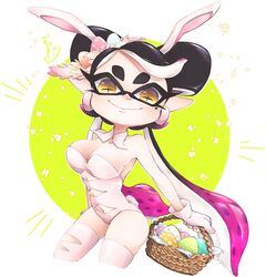  +_+ animal_ears artist_name basket black_hair breasts brown_eyes callie_(splatoon) cleavage closed_mouth collar cowboy_shot cropped_legs detached_collar earrings easter easter_egg egg english_commentary fake_animal_ears fake_tail female gloves gradient_hair hair_ornament highres holding holding_basket inkling jewelry leotard long_hair looking_at_viewer medium_breasts mole mole_under_eye multicolored_hair navel okome_2g2g playboy_bunny pointy_ears purple_hair rabbit_ears rabbit_tail signature smile solo splatoon_(series) standing strapless strapless_leotard swept_bangs tail tentacle_hair thighhighs very_long_hair white_collar white_gloves white_leotard white_thighhighs 