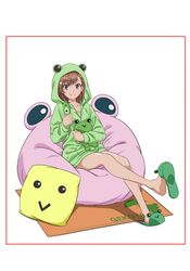  absurdres animal animal_costume animal_hood artist_request bean_bag_chair border brown_eyes brown_hair cellphone character_doll commentary_request female flip_phone frog frog_costume full_body gekota green_jacket highres hood hooded_jacket hoodie jacket medium_hair misaka_mikoto official_art phone pillow pyonko red_border rug simple_background sitting slippers smile solo stuffed_animal stuffed_frog stuffed_toy toaru_kagaku_no_railgun toaru_kagaku_no_railgun_t toaru_majutsu_no_index white_background 