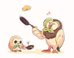  beak black_eyes closed_eyes closed_mouth commentary_request curtained_hair dartrix disappointed food frying_pan holding holding_frying_pan itome_(funori1) musical_note no_humans pancake pokemon pokemon_(creature) rowlet squiggle standing talons 