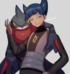  1boy blue_eyes blue_hair blue_nails blunt_bangs closed_mouth commentary_request grey_background hand_on_own_hip hand_up highres long_sleeves male_focus nail_polish pokemon pokemon_(creature) pokemon_dppt saturn_(pokemon) shirt short_hair simple_background smile team_galactic team_galactic_uniform toxicroak turtleneck twitter_username yukifuri_tsuyu 