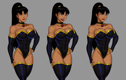  1girls abs angry bangs biceps black_elbow_gloves black_eyes black_hair black_leotard black_thighhighs cameltoe choker covered_breasts dc dc_comics dcuaom earrings elbow_gloves female female_only gold_trim hand_on_hip hand_on_leg hourglass_figure justice_league:_crisis_on_two_earths large_breasts leotard long_hair muscular_female no_pubic_hair ponytail red_lips smile smirk solo sunsetriders7 superwoman superwoman_(mary_batson) thick_thighs thighhighs 