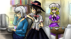  1boy 2girls alternate_costume black_skirt blonde_hair blue_shirt bookshelf brown_hair chair computer computer_keyboard contemporary dress enokuma_uuta glasses hat indoors maribel_hearn mob_cap monitor morichika_rinnosuke multiple_girls office_chair pants purple_dress salad shirt skirt smile swivel_chair t-shirt table touhou tray usami_renko white_hair white_shirt 