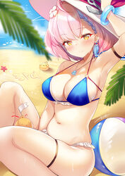  absurdres ahoge anchor_hat_ornament arm_ribbon arm_strap arm_up armpits azur_lane ball bare_shoulders beach beachball bikini bird blue_bikini blurry bracelet braid breasts chick cleavage closed_mouth day depth_of_field female flower french_braid hair_flower hair_ornament halterneck hat hat_ornament hecha_(01964237) highres jewelry large_breasts leg_ribbon looking_at_viewer manjuu_(azur_lane) navel necklace o-ring o-ring_bikini o-ring_top official_alternate_costume outdoors palm_leaf pink_hair ribbon short_hair sitting skindentation smile solo stomach strap_gap string_bikini sun_hat swimsuit tartu_(azur_lane) tartu_(overthinking_summer)_(azur_lane) thigh_ribbon thigh_strap thighs wet white_hat yellow_eyes 