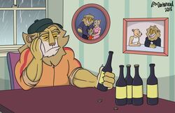  14:9 2018 alcohol anthro artist_name beer beverage bodily_fluids brent_abbott brown_hair clothing detailed_background digital_media_(artwork) doritohead dot_eyes drinking family_photo felid fingers fur hair hat headgear headwear hi_res inside lion male mammal mane mature_anthro mature_male multicolored_body multicolored_fur pantherine raining riley_abbott signature simple_eyes sitting solo tan_body tan_fur tears two_tone_body two_tone_fur yellow_body yellow_fur yellow_sclera 