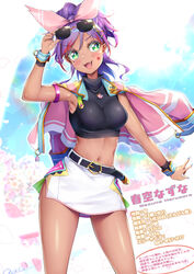  armpits bad_id bad_pixiv_id belt black_belt blue_nails blush breasts commentary_request crop_top dark-skinned_female dark_skin eyewear_on_head facial_mark female green_eyes hair_between_eyes hair_ribbon highres jacket jacket_on_shoulders medium_breasts medium_hair midriff mole mole_under_eye navel nazuna_harusora novady original pink_jacket pink_ribbon purple_hair ribbon skirt solo star_(symbol) star_facial_mark sunglasses tan three_sizes translation_request white_skirt wrist_cuffs 