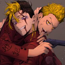  2boys black_hair blonde_hair blood blood_on_face bruise bruise_on_face carrying_over_shoulder earrings grey_background grin gun hair_between_eyes handgun hanma_shuuji highres holding holding_gun holding_weapon injury jacket jewelry kisaki_tetta long_sleeves male_focus multicolored_hair multiple_boys nanin open_mouth purple_eyes red_jacket short_hair simple_background single_earring smile teeth tokyo_revengers two-tone_hair upper_body weapon yellow_eyes 