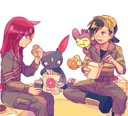  2boys aipom backwards_hat baseball_cap belt black_footwear black_shirt boots chopsticks commentary_request doughnut eating ethan_(pokemon) food hand_up hat holding holding_chopsticks holding_food itome_(funori1) jacket long_hair male_focus multiple_boys open_mouth pants pokemon pokemon_(creature) pokemon_adventures red_hair shirt short_hair silver_(pokemon) sitting sneasel sweatdrop 