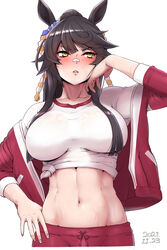  abs absurdres animal_ears arm_up bandaid bandaid_on_face bandaid_on_nose black_hair blunt_bangs blush breasts breasts_apart collarbone commentary cowboy_shot dated ear_ornament female groin gym_shirt gym_uniform hair_between_eyes hand_on_own_hip highres horse_ears horse_girl jacket large_breasts long_hair long_sleeves looking_to_the_side midriff narita_brian_(umamusume) navel off_shoulder open_clothes open_jacket pants parted_lips ponytail red_jacket red_pants shirt sidelocks simple_background solo standing sumiosmith sweat swept_bangs tied_shirt umamusume white_background white_shirt yellow_eyes 