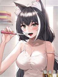  alternate_breast_size alternate_costume animal_ear_fluff animal_ears bad_id bad_pixiv_id bare_shoulders black_hair blush breasts cat_ears cat_girl cleavage collarbone commentary covered_nipples electric_toothbrush female green_eyes heart heart_in_eye holding holding_toothbrush indoors karyl_(princess_connect!) large_breasts long_hair looking_at_viewer mirror multicolored_hair oerba_yun_fang open_mouth orange_nails princess_connect! shirt solo strap_slip streaked_hair suou-sensei symbol_in_eye teeth tongue tongue_out toothbrush twintails upper_body upper_teeth_only white_hair white_shirt 