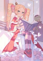  beatrice_(re:zero) blonde_hair blue_eyes blush book bug butterfly butterfly-shaped_pupils capelet closed_mouth commentary_request crown dress drill_hair female from_below fur-trimmed_capelet fur_trim hair_ribbon holding holding_book long_hair mini_crown neck_ribbon open_book pantyhose parupin petelgeuse_romaneeconti pink_ribbon re:zero_kara_hajimeru_isekai_seikatsu red_capelet red_dress ribbon shoes sidelocks sitting smile solo_focus striped_clothes striped_pantyhose symbol-shaped_pupils twin_drills twintails 