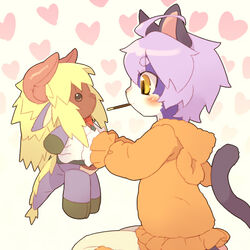  ahoge animal_ears animal_nose blush body_fur cat_ears cat_girl cat_tail commentary_request female food furry furry_female heart holding holding_stuffed_toy mao_(mizuki_kotora) mizuki_kotora original pocky purple_fur purple_hair short_hair simple_background sitting slit_pupils smile snout stuffed_animal stuffed_toy tail two-tone_fur white_fur yellow_background yellow_eyes 