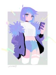  alternate_hair_color black_choker blue_eyes cellphone choker commentary_request cowboy_shot crop_top cropped_legs denim denim_shorts female fur-trimmed_jacket fur_trim grey_background hand_in_pocket highres holding holding_phone jacket marina_(mrn9) mazaki_anzu parted_lips phone purple_hair purple_jacket shirt short_hair short_shorts shorts smartphone solo thighhighs white_background white_shirt white_thighhighs yu-gi-oh! 