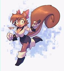  2023 accessory anthro bigdad bottomwear bow_ribbon breasts cleavage clothed clothing controller female fleetway_comics hair_accessory hair_ribbon hairbow mammal name_badge remote_control ribbons rodent sally_acorn_(fleetway) sciurid sega skirt solo sonic_the_comic sonic_the_hedgehog_(comics) sonic_the_hedgehog_(series) tree_squirrel wedge_(footwear) 