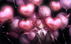  absurdres balloon black_background bow bullet commentary_request fangs female hairbow hatena_(nazequestion) heart_balloon highres long_hair looking_at_viewer original pink_eyes pink_hair pink_theme solo upper_body white_bow 