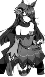  alternate_costume animal_ears breasts commentary_request cosplay detached_sleeves dress female flower greyscale hair_over_one_eye hat highres horse_ears horse_girl horse_tail long_hair looking_at_viewer manhattan_cafe_(umamusume) monochrome nihudau off-shoulder_dress off_shoulder rice_shower_(umamusume) rice_shower_(umamusume)_(cosplay) rose small_breasts solo tail thighhighs umamusume 