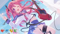  ;d angel_beats! blue_sailor_collar blue_skirt commentary_request demon_tail dutch_angle electric_guitar end_card fake_tail female gibson_sg guitar hair_ribbon instrument kaginado kani_biimu leg_belt long_hair looking_at_viewer oerba_yun_fang one_eye_closed pink_eyes pink_hair ribbon sailor_collar school_uniform serafuku shinda_sekai_sensen_uniform skin_fang skirt smile solo tail two_side_up yui_(angel_beats!) 