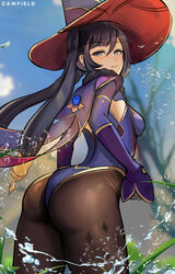  aqua_eyes artist_name ass bad_id bad_pixiv_id black_hair black_legwear blue_leotard blue_sky blurry blurry_background breasts capelet cawfield closed_mouth commentary_request day female floating_hair from_behind genshin_impact hat highres leotard long_hair looking_at_viewer looking_back medium_breasts mona_(genshin_impact) partial_commentary sideboob sky solo splashing twintails vision_(genshin_impact) water water_drop witch_hat 