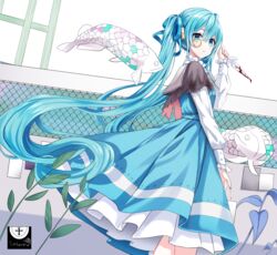  absurdres aqua_eyes aqua_hair arowana bleeding blood blood_on_weapon blue_dress blue_hair blue_ribbon capelet chain-link_fence commentary cross dress dutch_angle feet_out_of_frame female fence fish flying_fish from_side hair_ribbon hand_up hatsune_miku highres holding holding_knife ille_(xcpa7325) injury knife long_hair long_sleeves looking_to_the_side monocle plant puffy_long_sleeves puffy_sleeves ribbon sailor_collar solo torn_clothes twintails very_long_hair vocaloid weapon 