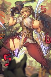  blonde_hair blush commentary_request female gloves goblin hammer highres long_hair melon22 open_mouth polearm ponytail red_eyes shield short_sleeves spear swordsman_(tree_of_savior) tree_of_savior weapon 