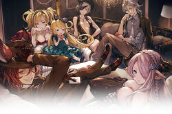  2boys 4girls altair_(granblue_fantasy) alternate_costume animal_ears aqua_eyes argyle_clothes argyle_legwear between_breasts black_bow black_footwear black_gloves black_hat black_pants black_pantyhose blonde_hair blue_dress blue_eyes blue_hair blue_shirt bow bracelet braid breasts bug butterfly card charlotta_(granblue_fantasy) cleavage crown draph dress ears_through_headwear elmott erune eyepatch formal glasses gloves granblue_fantasy grin hair_between_eyes hair_intakes hair_ornament hair_over_one_eye hairband hairbow harvin hat hat_bow horns indoors jewelry lamp large_breasts long_hair long_sleeves looking_back mary_janes medium_breasts minaba_hideo multiple_boys multiple_girls narmaya_(granblue_fantasy) navel necklace necktie official_art orange_eyes pants pantyhose pillow playing_card pointy_ears polka_dot polka_dot_dress purple_hair red_dress round_eyewear sharp_teeth shirt shoes short_hair single_braid sitting smile socks suit table tall_crown tanya_(granblue_fantasy) teeth twin_braids twintails white_hair white_necktie yellow_eyes zeta_(granblue_fantasy) 