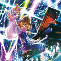  &gt;_&lt; :d blonde_hair brown_footwear commentary_request female from_side hair_between_eyes hair_ribbon hat index_finger_raised instrument light_brown_hair long_sleeves looking_at_viewer looking_to_the_side low_twintails marashii moriya_suwako music open_mouth piano playing_instrument purple_skirt purple_vest pyonta red_ribbon ribbon sakino_shingetsu shoes sitting skirt smile socks solo stool stuffed_animal stuffed_monkey stuffed_toy touhou twintails vest white_socks wide_sleeves 