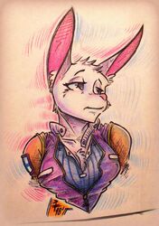  2018 ada_(liebro) anthro big_ears breasts clothing female fur hare hi_res lagomorph leporid mammal pink_nose solo stories_of_the_few traditional_media_(artwork) white_body white_fur yourfavoritelemonade 