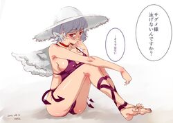  adapted_costume alternate_costume ass backlighting barefoot breasts cameltoe choker cleavage commentary_request covered_nipples covering_own_mouth dated feet female full_body grey_hair hand_over_own_mouth hat kishin_sagume leg_wrap legs looking_at_viewer medium_breasts nyuu_(manekin-eko) one-piece_swimsuit purple_one-piece_swimsuit red_eyes shiny_skin short_hair sideboob single_wing sitting soles solo sun_hat swimsuit thats_not_it thighs toes touhou translated wings 