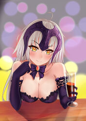  absurdres ahoge alcohol bare_shoulders blush bow breast_rest breasts choker cleavage commentary_request cup dress drinking_glass elbow_gloves fate/grand_order fate_(series) female gloves head_tilt headpiece highres jeanne_d&#039;arc_alter_(avenger)_(fate) jeanne_d&#039;arc_alter_(fate) jeanne_d&#039;arc_alter_(holy_night_supper)_(fate) large_breasts long_hair looking_at_viewer official_alternate_costume purple_dress purple_gloves smile solo strapless strapless_dress white_hair wine_glass xiao_bing_qiaokeli yellow_eyes 