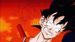  1boy 90s animated animated attack black_eyes black_hair castle clenched_teeth cutting_hair dougi dragon_ball dragon_ball_z ear hair neck nyoibo oldschool open_mouth red_sky solo son_gokuu surprised sword_slash 