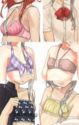  6+girls arashi_(kancolle) bikini bikini_top_only black_shirt bow bowtie bra breasts brown_bikini brown_hair character_request cleavage close-up collarbone commentary_request dress_shirt flat_chest halterneck kantai_collection long_hair maikaze_(kancolle) medium_breasts multiple_girls nowaki_(kancolle) pink_bra red_bow red_bowtie red_hair shirt short_sleeves small_breasts swimsuit underwear white_background white_shirt yellow_bra yotsura 