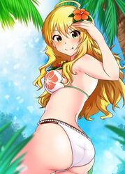  ;p ahoge ass bikini blonde_hair breasts commentary_request day female floral_print flower from_behind green_eyes hair_between_eyes hair_flower hair_ornament hibiscus hoshii_miki idolmaster idolmaster_(classic) long_hair looking_at_viewer looking_back medium_breasts momoda_yasuhito one_eye_closed orange_flower outdoors palm_tree shiny_skin sideboob solo standing swimsuit tongue tongue_out tree very_long_hair white_bikini 