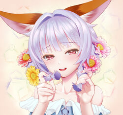  :d animal_ear_fluff animal_ears bare_shoulders blue_dress collarbone commentary_request dress elin female flower hair_flower hair_intakes hair_ornament half-closed_eyes head_tilt holding holding_own_hair kumehara_chiyota looking_at_viewer off-shoulder_dress off_shoulder open_mouth pink_flower purple_hair red_eyes red_flower round_teeth sidelocks smile solo teeth tera_online upper_body upper_teeth_only yellow_flower 