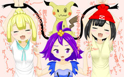  3girls :3 acerola_(pokemon) ahoge animal_ears armpits arms_up artist_request beanie black_eyes black_hair blonde_hair blue_dress blush braid breasts closed_eyes collarbone dress drooling flat_chest hair_ornament hands_together hat heart highres laughing lillie_(pokemon) looking_to_the_side matching_hair/eyes mimikyu mizuki_(pokemon_sm) multiple_girls open_mouth pink_background pokemon pokemon_(creature) pokemon_sm purple_eyes purple_hair red_hat restrained saliva shirt short_hair short_sleeves simple_background small_breasts smile tail tears text tickling tied_hair translation_request wavy_mouth white_shirt yellow_shirt 