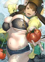  arm_up belly breasts brown_hair butterfly_net commentary_request denim denim_shorts eyebrows female gundam gundam_build_fighters hand_net hat highres huge_breasts kotoyoshi_yumisuke long_hair looking_at_viewer o-ring o-ring_top plump round_teeth sazaki_kaoruko short_shorts shorts skindentation smile solo stuffed_toy teeth thick_thighs thighs tomato tongue twintails 