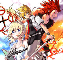  2boys axel_(kingdom_hearts) black_coat_(kingdom_hearts) blonde_hair blue_eyes breasts commentary_request female keyblade kingdom_hearts kingdom_hearts_ii kingdom_key medium_hair multiple_boys namine roxas short_hair spiked_hair zyano 