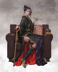  armchair beads black_hair blue_footwear boots braid cane caravan_stories chair closed_mouth commentary_request concealed_weapon crown_braid earrings female from_side grey_hair hair_bun hair_ornament hair_stick holding holding_smoking_pipe holster jewelry kiseru knife kuroiwa_enu looking_at_viewer multicolored_hair photoshop_(medium) prayer_beads side_slit single_hair_bun sitting smoking_pipe solo sword_cane tabako-bon thigh_holster two-tone_hair updo weapon wide_sleeves 