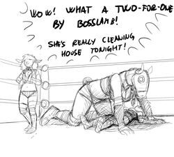  anthro better_version_at_source big_breasts black_and_white bovid breasts caprine clothed clothing dialogue english_text equid equine fatality female hladilnik horse jane_doe_(hladilnik) mammal mask monochrome pro_bun_(hladilnik) sheep text tinker_(hladilnik) wrestling wrestling_match 