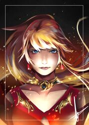  bangs blonde_hair blue_eyes closed_mouth collarbone dress earrings female final_fantasy final_fantasy_xiv flowing_hair hannah_santos highres hyur jewelry lips long_hair looking_at_viewer lyse_(ffxiv) necklace red_dress serious sparks swept_bangs 