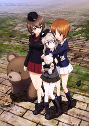  3girls :d absurdres black_footwear black_hairband black_hat black_jacket black_skirt blue_jacket blue_socks boko_(girls_und_panzer) boots brown_eyes brown_hair day full_body girls_und_panzer grey_jacket hair_between_eyes hairband hat highres holding holding_stuffed_toy hug hug_from_behind jacket kneehighs kuromorimine_military_uniform light_brown_hair long_hair mini_hat miniskirt multiple_girls nishizumi_maho nishizumi_miho official_art ooarai_military_uniform open_mouth outdoors pleated_skirt red_skirt selection_university_military_uniform shimada_arisu short_hair skirt smile socks standing stuffed_animal stuffed_toy white_skirt yoshida_nobuyoshi 