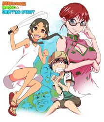  2girls 4boys abenobashi_mahou_shoutengai asahina_arumi asahina_masayuki black_hair blue_eyes braid breasts cargo_shorts character_request china_dress chinese_clothes cleavage cleavage_cutout clenched_hand clenched_teeth clothing_cutout commentary dark_skin dress glasses hand_fan hand_on_own_chest harisen hat highres imamiya_satoshi jumping knees_together_feet_apart large_breasts multiple_boys multiple_girls munemune nakahara_kaihei open_mouth red_eyes red_hair sandals shorts sundress sweat teeth twin_braids white_dress 