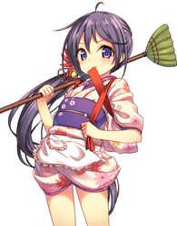  ahoge akebono_(kancolle) akebono_(new_year_mode)_(kancolle) apron bell blush broom closed_mouth commentary_request cowboy_shot eyebrows female floral_print flower frilled_apron frills hair_bell hair_flower hair_ornament hair_ribbon holding holding_broom japanese_clothes jingle_bell jpeg_artifacts kantai_collection kimono long_hair looking_at_viewer mouth_hold nazu-na obi official_alternate_costume ponytail print_kimono purple_eyes purple_hair ribbon sash short_kimono simple_background solo standing striped striped_ribbon tasuki very_long_hair white_apron white_background 