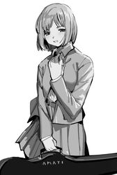  amati blush female greyscale gunslinger_girl henrietta_(gunslinger_girl) jacket monochrome short_hair skirt smile solo suiso_(owp) violin_case white_background 