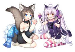  2girls :3 :d ahoge animal_ear_headphones animal_ears animal_hands arms_up bare_shoulders blue_bow blue_eyes blush bow braid brown_hair cat_ear_headphones claw_pose collarbone commentary_request dress facial_mark fake_animal_ears fingerless_gloves forever_7th_capital gloves green_skirt grey_hair hair_between_eyes headphones headset highres japanese_clothes kneehighs looking_at_viewer mila_(forever_7th_capital) multiple_girls no_shoes off-shoulder_shirt off_shoulder open_mouth parted_bangs paw_gloves purple_dress purple_gloves rangen shiro_(forever_7th_capital) shirt short_hair simple_background skirt sleeveless sleeveless_shirt smile socks star_(symbol) striped_clothes striped_thighhighs suspender_skirt suspenders suspenders_slip tail thighhighs twintails white_background white_legwear white_shirt 